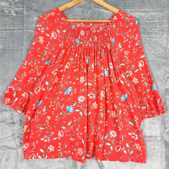 Womens‎ Top Large Floral Bloomcore Boho Peasant Smocked Gauzy Cottage Feminine - Picture 1 of 6